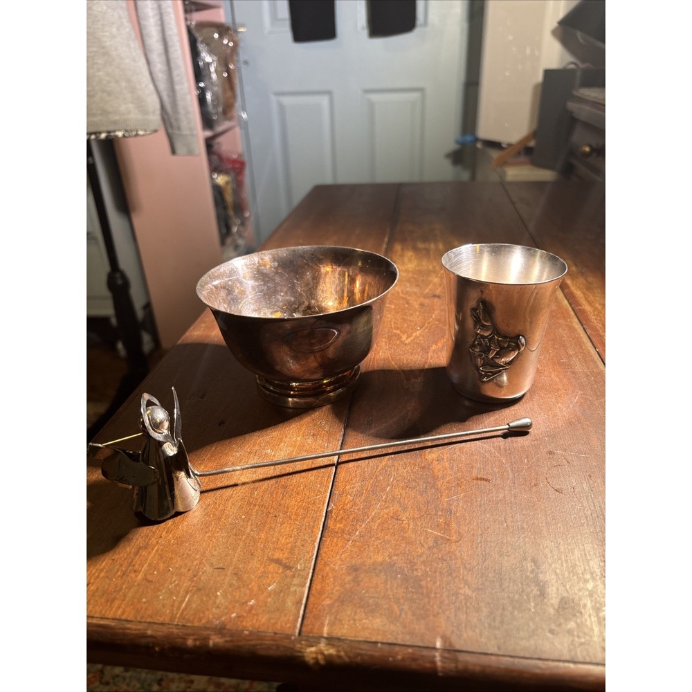 Silver Plated Vintage Lot. Candle Snuffer, Bowl, Childs Cup. Napier, P. Revere